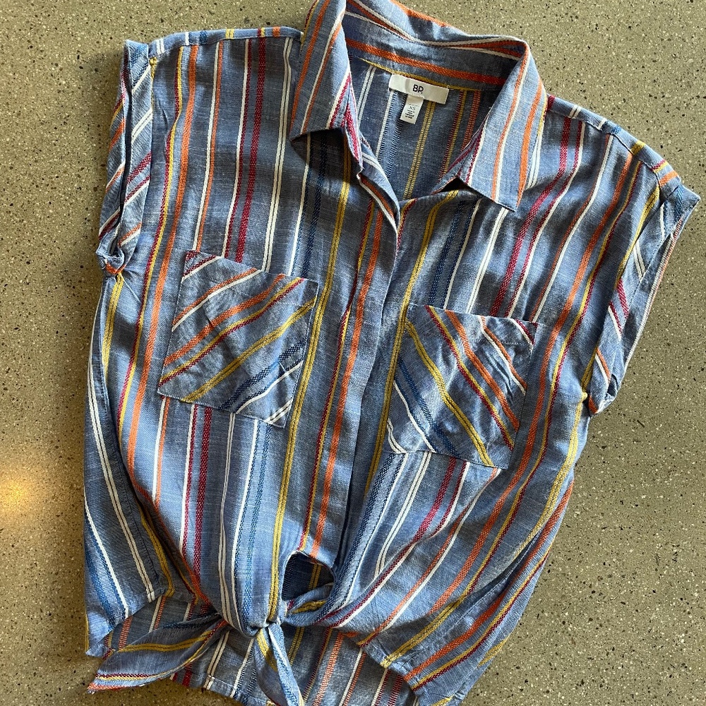 NWT Nordstrom BP Short Sleeve Tie-Up Striped Button Down Shirt Size XS